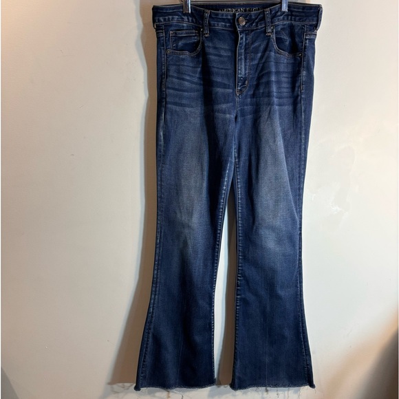AMERICAN EAGLE Sz 14 Jeans High Rise Slim Flare Mid-Wash Wiskering Stretch - Picture 2 of 13